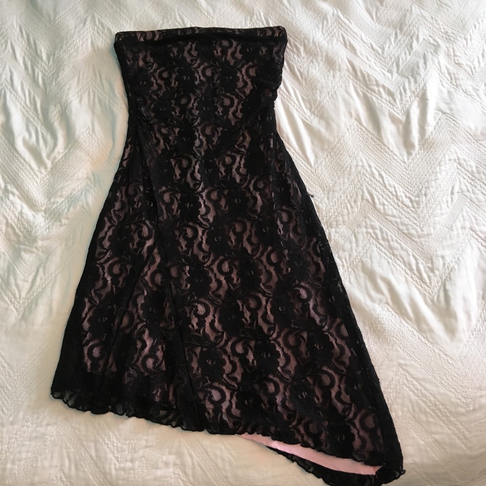Asymmetrical black pink lace dress